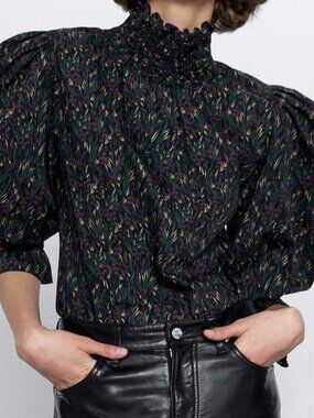 Zara Victorian High Neck Floral Blouse XS Black Puff Sleeve Romantic Goth Fairy